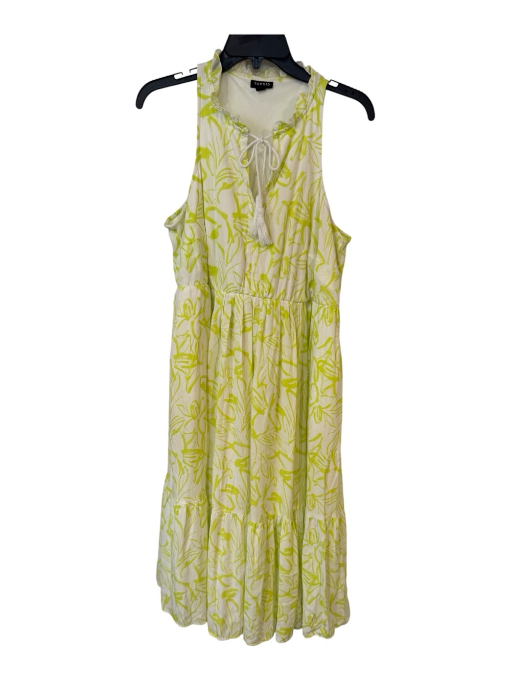 Torrid 00 Ivory Lime Floral Sleeveless Tiered Midi Dress Tassel Tie Size 10 - Picture 3 of 7